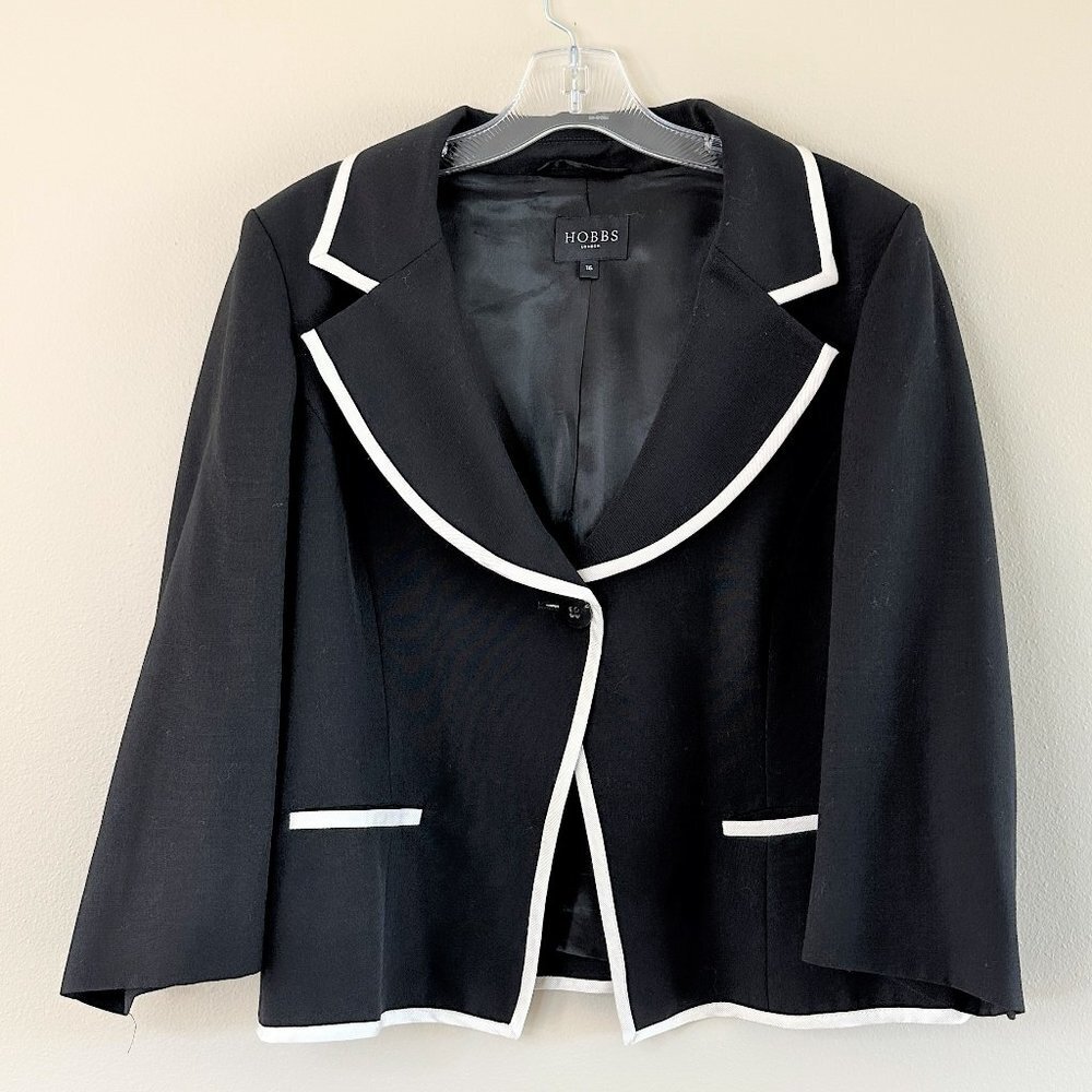 Hobbs London Black Wool Cropped Ivory Contrast Trim Blazer Jacket - Picture 2 of 11